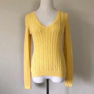 LOFT Yellow Linen Blend V-Neck Cable Knit Sweater